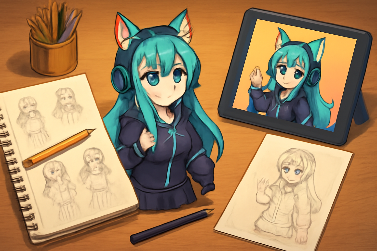 A vibrant illustration of a character design process, showing various stages of development from rough pencil sketches to detailed full-color renderings, with tools like pencils, sketchbooks, and digital tablets in the scene.